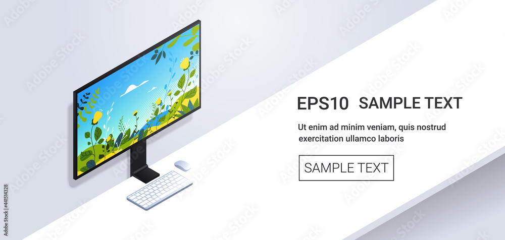Poster desktop computer monitor with keyboard and mouse realistic mockup gadgets and devices concept