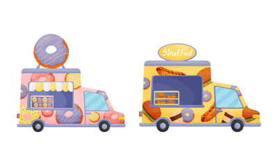 Food Truck or Van Selling Doughnut and Burger Vector Set