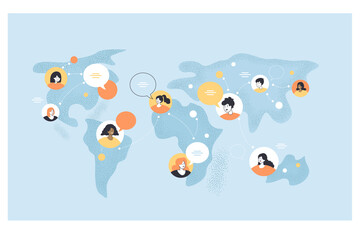 World map with people of different cultures talking. Men and women making friends worldwide through social media flat vector illustration. Global communication concept for banner, website design