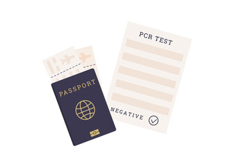 Concept of Travelling with pre-travel Covid-19 PCR certificate. A passport with airline boarding tickets and Coronavirus testing result document. Vector illustration in flat style isolated on white.