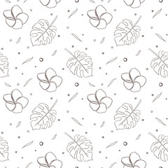 Tropical Jungle Flowers and Monstera Leaves Seamless Pattern Line Art. Hand drawn rainforest floral illustration for background, wrapping paper, package, web, wallpaper, spa, beauty care products