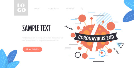 virus cell with coronavirus end ribbon victory over corona virus pandemic quarantine covid-19 is ending