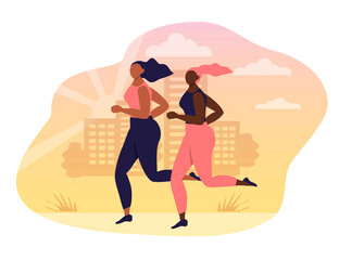 vector hand drawn illustration - two young dark skinned girls jogging in the morning in the city. trend illustration in flat style