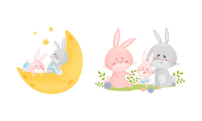 Rabbit Family with Bunny Mom and Dad Nursing Their Cub Vector Set