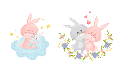 Obraz na płótnie Canvas Rabbit Family with Bunny Mom and Dad Dancing and Embracing Their Cub Vector Set