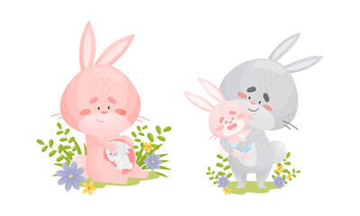 Rabbit Family with Bunny Mom and Dad Embracing Their Cub Vector Set