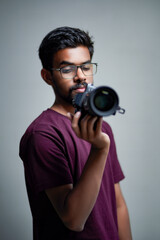 Photographer With Camera on white background.