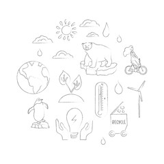 Fototapeta premium Global warming icon set in outline sketch style isolated on white background. Arctic animals icons, thermometer, windmill, sun, recycling, eco food, save energy, cycling. Vector illustration