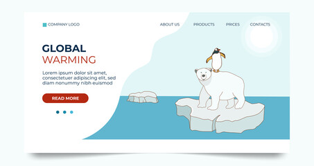 Landing page template about global warming and climate change. A polar bear with a penguin on its back swims on an ice floe in the Arctic. Vector illustration