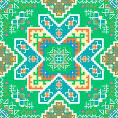 Symmetric seamless backgrounds, tribal texture. Geometric fabric print of 5 colors. Vector elaborated illustration in the style of folk embroidery whith symbols of love and fertility.