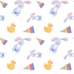 Childrens toys seamless pattern with teddy bear, bunny, rubber duck and cubes. Vector endless texture on white background