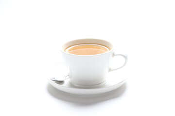 hot drink milk tea , milo , kopi coffee with milk in white cup and tea spoon and small plate in white background color beverage menu