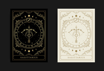 Sagittarius zodiac symbol with engraving, hand drawn, luxury, esoteric and boho styles. Fit for paranormal, tarot readers and astrologers - obrazy, fototapety, plakaty