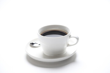 Obraz premium hot drink dark black coffee america kopi o beverage menu in white cup and plate in white background