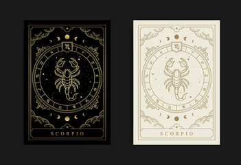 Scorpio zodiac symbol with engraving, hand drawn, luxury, esoteric and boho styles. Fit for paranormal, tarot readers and astrologers - obrazy, fototapety, plakaty