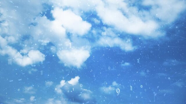 Digital sky network with clouds and data animation.