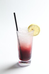 ice cold chilled fresh ribena grape lemon fruit honey drink in glass and yellow straw beverage menu in white background