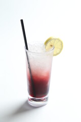 ice cold chilled fresh ribena grape lemon fruit honey drink in glass and yellow straw beverage menu in white background