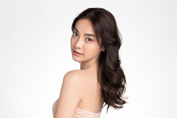 Fototapeta premium Beautiful young asian woman with clean fresh skin on white background, Face care, Facial treatment, Cosmetology, beauty and spa, Asian women portrait.