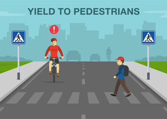 Safety bicycle driving rules. Cyclist turned his head and looking at pedestrian crossing the street. Yield to pedestrians warning design. Flat vector illustration template. - obrazy, fototapety, plakaty