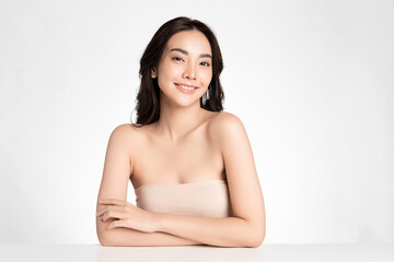Obraz premium Beautiful young asian woman with clean fresh skin on white background, Face care, Facial treatment, Cosmetology, beauty and spa, Asian women portrait.