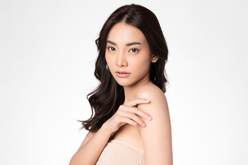 Fototapeta premium Beautiful young asian woman with clean fresh skin on white background, Face care, Facial treatment, Cosmetology, beauty and spa, Asian women portrait.