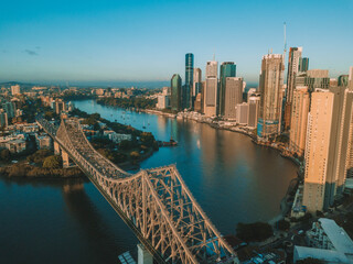 Sunrise aerial shot of Brisbane, the Story Bridge and the Brisbane River