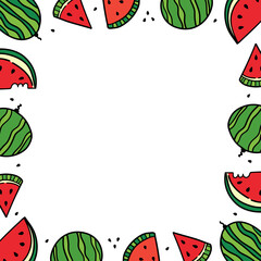 Cute doodle style whole and sliced watermelons vector square frame, border for summer food, vacation design.
