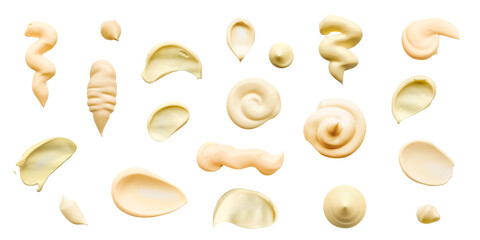 Mayonnaise drop and splash sets. White sause isolated stain top view. Elements for design in food...