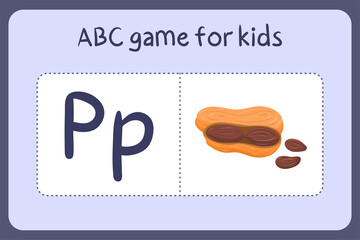 Kid alphabet mini games in cartoon style with letter P - peanut . Vector illustration for game design - cut and play. Learn abc with fruit and vegetable flash cards.