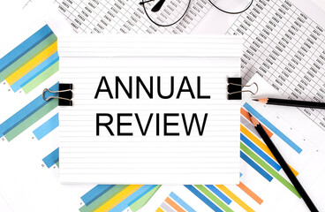 ANNUAL REVIEW , text on the chart , office supplies, business concept