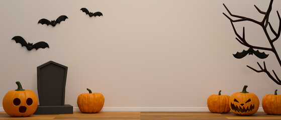 Scary stuff with grave, grinning pumpkins, dried tree and bats decorated in the room, 3D rendering