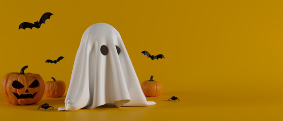 Halloween background with cute ghost, grinning pumpkins and bats on yellow background, 3D rendering
