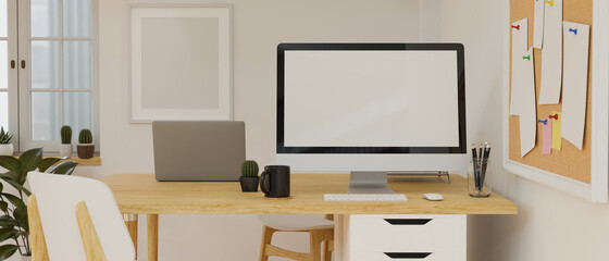 Workspace with computer, laptop and supplies on the desk with notice board and houseplant in the room, 3D rendering
