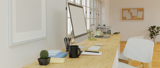 Side view of working space with computer device, stationery, decorations and furniture in the room, 3D rendering