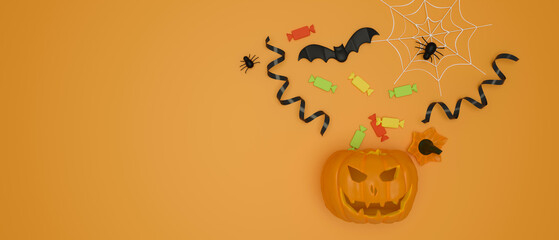 Halloween background with grinning pumpkin, bats and spider decorated on orange background, 3D rendering