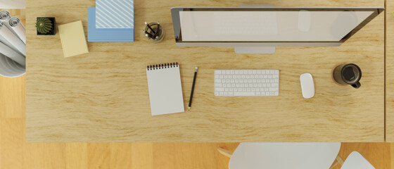 Top view of desk top computer and stationery on wooden table, 3D rendering