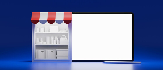 Online shopping concept, stock shelves and tablet with mock-up screen on blue background, 3D render