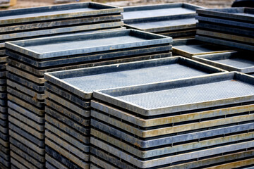 Image of piles of empty seedling boxes.