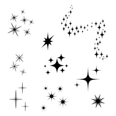 Black Shooting Stars with Elegant Star Trail on White Background. Icons of different forms.