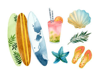 Summer surfing watercolor elements set isolated