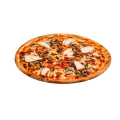 Isolated pizza with chicken and mushrooms on white background