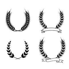 Wheat wreaths and grain spikes set icons. Wheat ears with ribbon. Vector illustration isolated on white