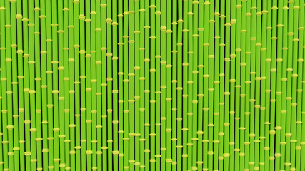 3D rendering, illustration of composite green stems with yellowish joints imitating thickets of young bamboo trunks, located in a frequent palisade. Designer plant background.