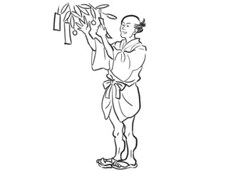 日本画タッチの短冊を飾る人物イラストJapanese painting illustration The person decorates a strip of paper