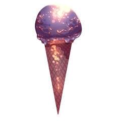 Blueberry ice cream in waffle cone illustration for menu, poster. Vegan ice cream clipart. Fruit sundae purple, gold shiny icon. Summer berry sorbet drawing. Isolated on white