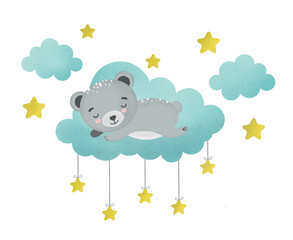 Cute little teddy bear sleeping on the cloud,  illustration, kids fashion artworks, baby graphics for wallpapers and prints.
