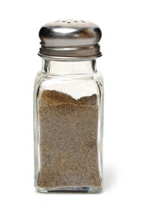 Salt and pepper mills on white background