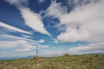 Clouds over the mountains. Sunny day in the mountains. Ukrainian Carpathian mountains. Svidovec...