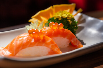 japanese salmon nigiri sushi set. 